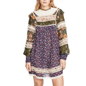 Farm Rio Floral Mixed Liberty Ruffles Crochet Inset Mini Dress